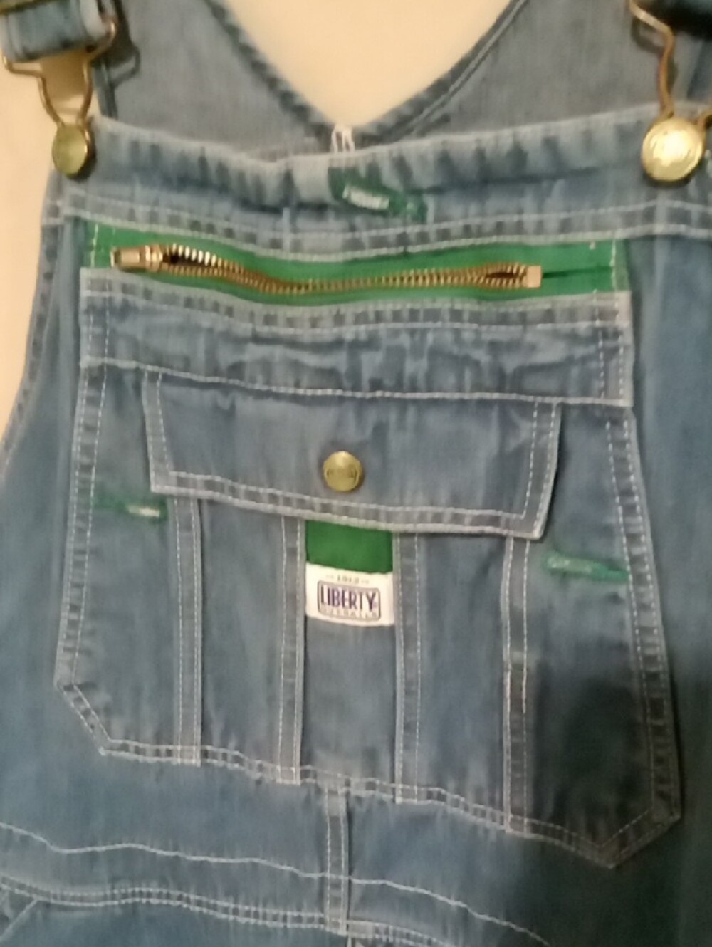 Vintage/Y2K 1912 Liberty Blue Denim Overalls with Green Trim W 21" I 29" Body 25 - Picture 5 of 13
